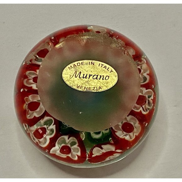 Murano Italy Art Glass Millefiori Paperweight Blue Red Green Flowers 2” AsIs - Picture 3 of 8